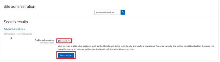 Enable web services checkbox, and save changes button on site administration page